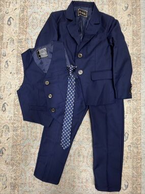 Boys Navy 3 piece suit Vest and Polka Dot Tie Set - Classic Formal Matching Set
